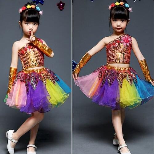 Kids Sequin Dance Dress Leotard Tutu Skirt princess dresses off shoulder girls chorus gauze performance costume Dancing Wear Acc