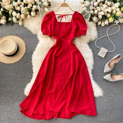 Elegant retro dress square neck puff sleeves slimming pure color temperament gentle dress boho Vintage Mid-Calf dress vestidos
