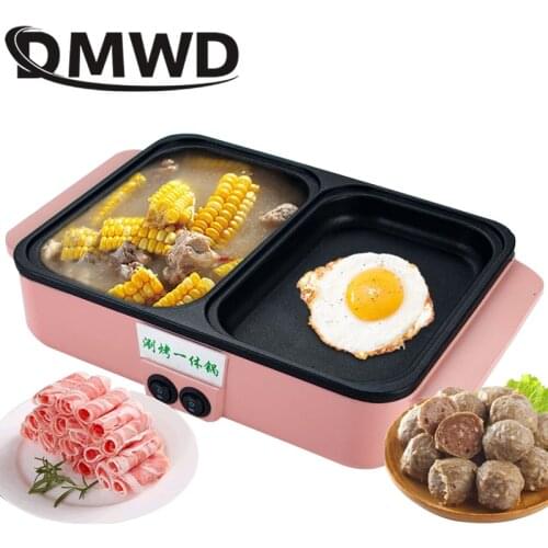 DMWD 2 IN 1 Electric Hot Pot Cooker BBQ Grill Multifunctional Electric BBQ Grill Non Stick Plate Barbecue Pan Hot Pot 1200W