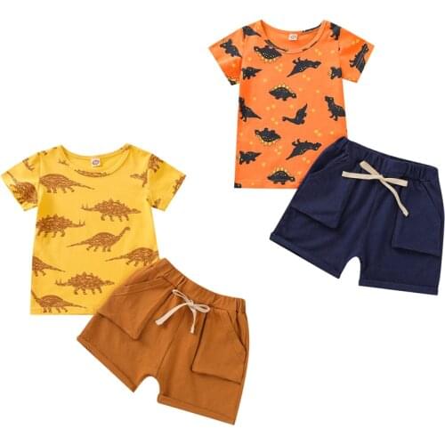 FOCUSNORM 1-4Y Summer Kids Boys Clothes Sets Cartoon Dinosaur Printed Short Sleeve T Shirts Tops Shorts 2pcs