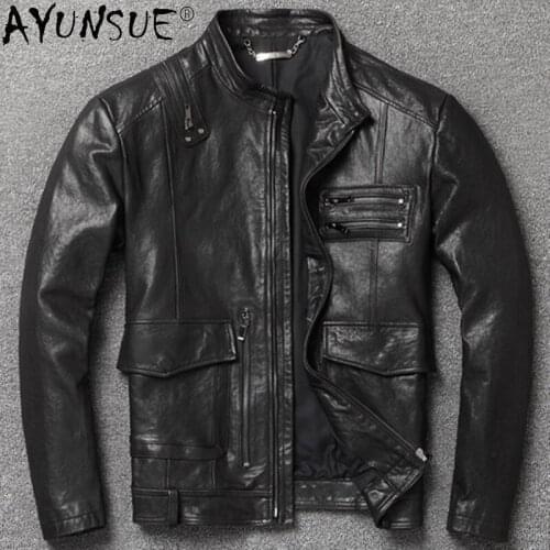 AYUNSUE Vintage Genuine Leather Jacket Men Goatskin Coat Motorcycle Mens Leather Jackets and Coats Spring Autumn Hommes Veste