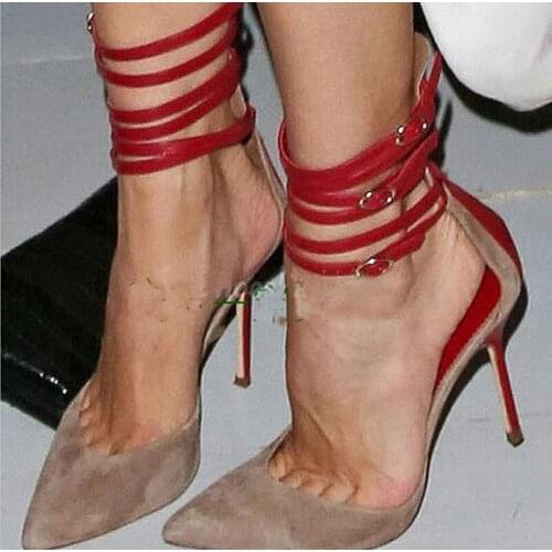 Hot Sale Women Fashion Pointed Toe Suede Leather Ankle Strap Pumps Patchwork Color High Heels Formal Dress Shoes