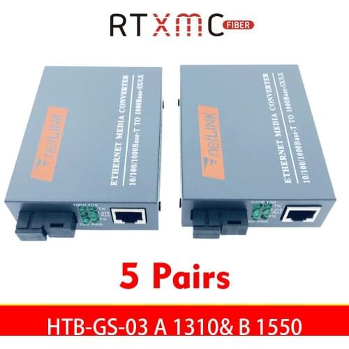 5 Pairs HTB-GS-03 Gigabit Fiber Optical Media Converter 10/100/1000Mbps Single Mode Single Fiber SC Port With Power Supply