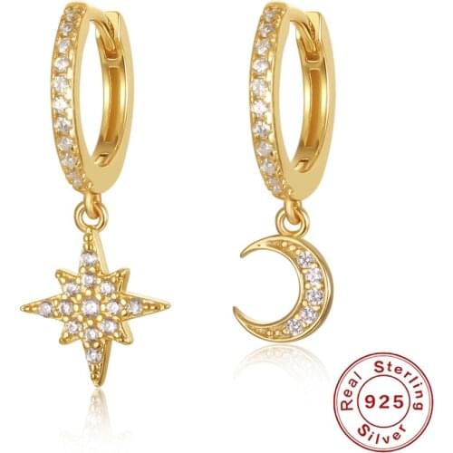 Fashion Classic Geometric Women 925 Sterling Silver Hoop Earrings Asymmetric Earrings Of Star And Moon Female Korean Jewelry