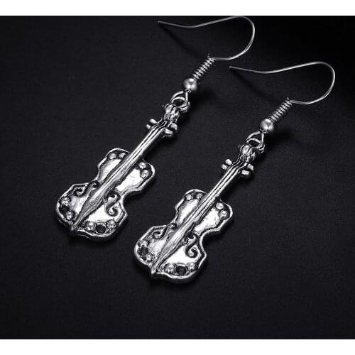 Trendy Vintage Violin Shape Dangle Antique Silver Plated Earrings for Women Girl Retro Drop Earrings Cute Earring Jewelry