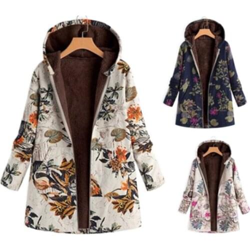 Autumn Winter Women Jacket Casual Warm Outerwear Floral Print Pockets Vintage Hooded Coat Clothes Windbreaker