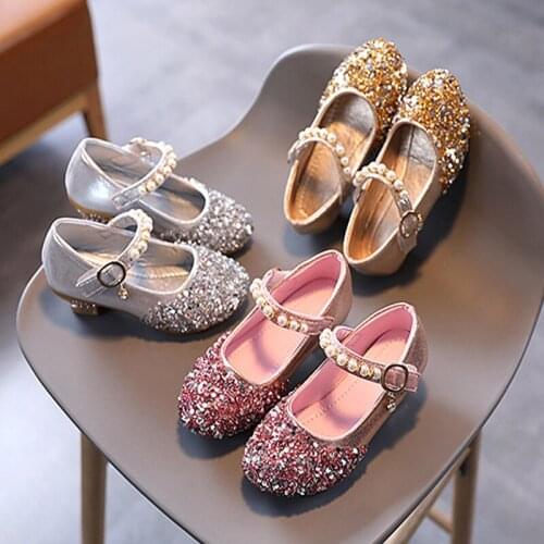 New Children Leather Shoes Rhinestone Sequined Princess Girls Performance Shoes Student Hight Heels Slip on Party Dance Sandals