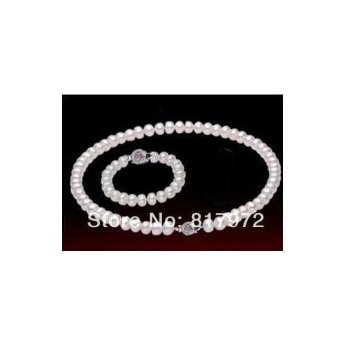 Classic Flower Natural Pearl AAA 7-8mm highlight Fashion pearl Handmade Necklaces Bracelet Set Freshwater Pearl women Jewelry