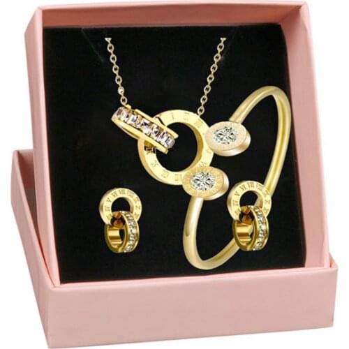 Double Circle Roman Numeral Necklace Earring Bracelet Set Women Square Crystal 316L Stainless Steel Wedding Jewelry Set Gift Box