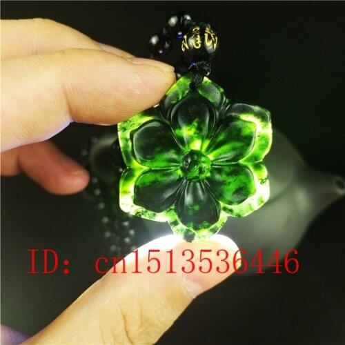 Certified Chinese Natural Black Green Jade Hexagonal flower Pendant Necklace Fashion Charm Jewellery Hand-Carved Lucky Amulet