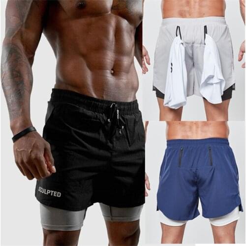 2021 New Fashion Double deck Shorts Zip pocket Running Shorts Men Fitness Workout Quick dry Short Pants men jogger sweatpants