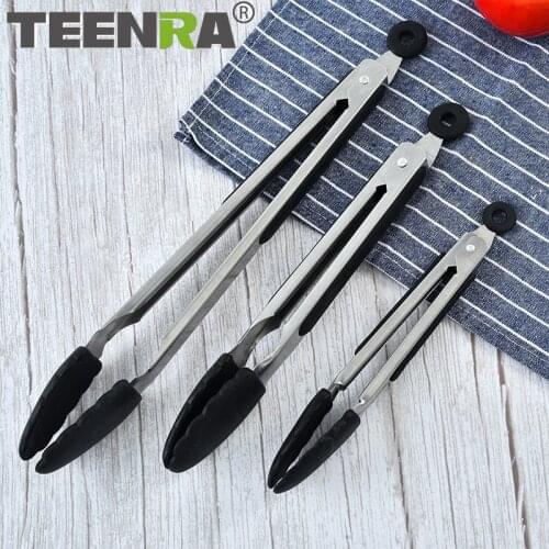 TEENRA Silicone BBQ Grilling Tong Kitchen Cooking Salad Bread Serving Tong Non-Stick Barbecue Clip Stainless Steel Barbecue Tool