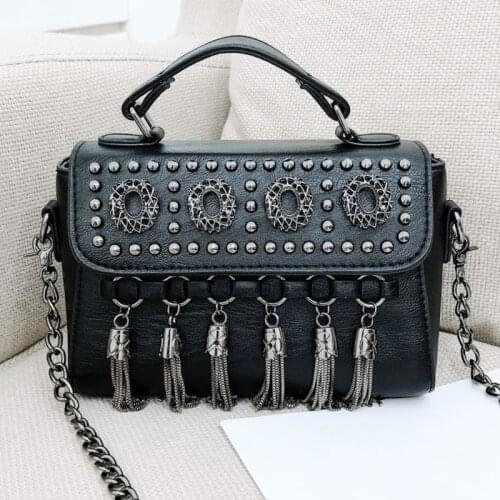 Fashion Rivets Tassel Chain Leather Womens Shoulder Bag Ladies Handbag High-Quality Designer Casual Solid Color Crossbody Bags