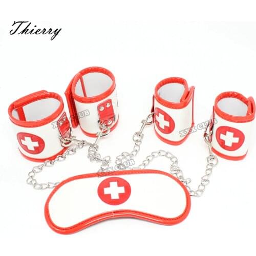 Thierry 3 pcs/Set PU Leather nurse blindfold handcuffs footcuffs Bondage Restraint cosplay Sex toys products for couples