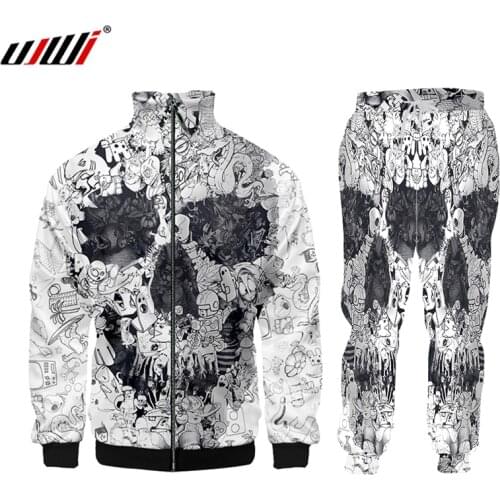 UJWI New Drawn Creative Skull Men Casual Zipper Set Autumn Tracksuit Set Male Sweatshirt hoodie oversize Jackets Tracksuit Sets