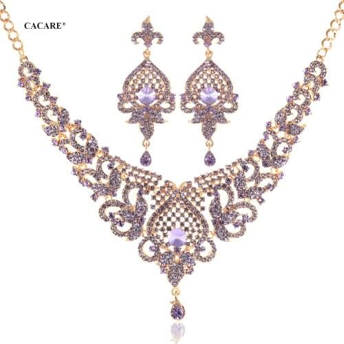 Vintage Jewelry Sets Women Big Necklace Earring Set Dubai Gold Indian Jewellery F1119 Rhinestone Party Jewels 7 Colors CACARE