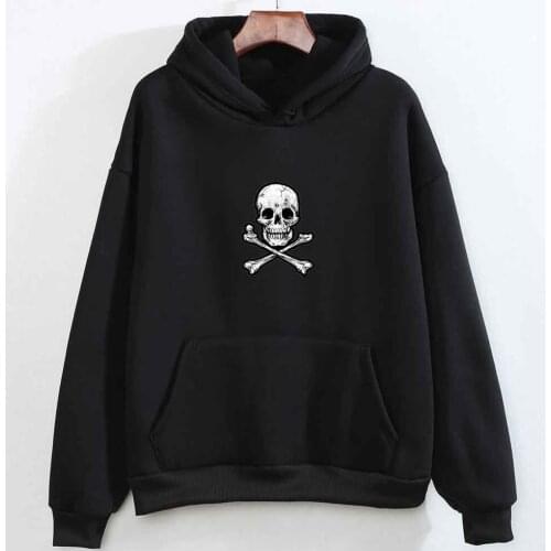 Womens Hoodie Skull Print Oversized Hoodie Punk Clothes Hip Hop Jacket Gothic Style Pullover Sweatshirt Warm Black Long Sleeve