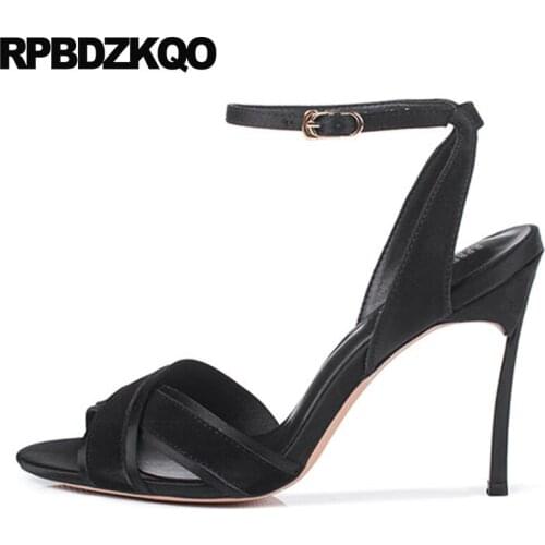 Ankle Strap Wedding Designer Shoes Women Luxury 2017 Large Size Stiletto Beige Satin Slingback Pumps High Heels Sandals Peep Toe