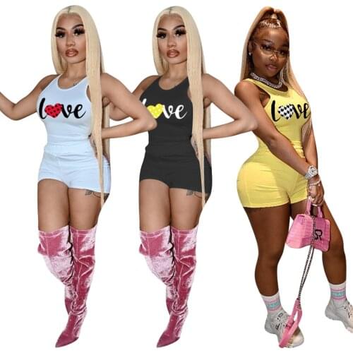 Gym Two Pieces Short Sets "love" Fashion Printed Women Tracksuit Tank T-shirt + Biker Shorts Matching Outfits Active Wear 2021