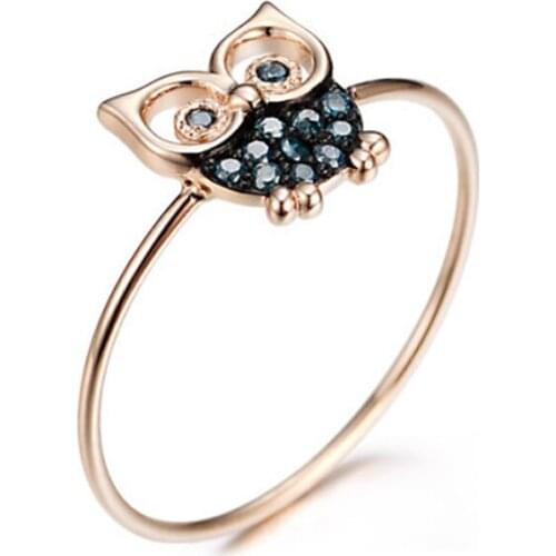EDI Cute Animal Owl Design Ring Real 585 14K Rose Gold Natural Blue Sapphire Engagement Ring Gemstone Ring For Women