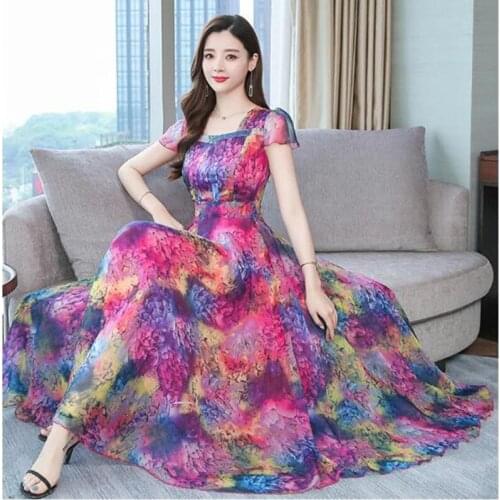 Chiffon dress female 2020 Summer New Fashion Temperament Square Collar Short Sleeve Printed Silk Slim Long dress