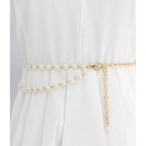 1pcs Elegant Sweet and Fashionable Women Pearl Belt Waist Belt Elastic Buckle Pearl Chain Belt Female Girls Dress Crystal Strap