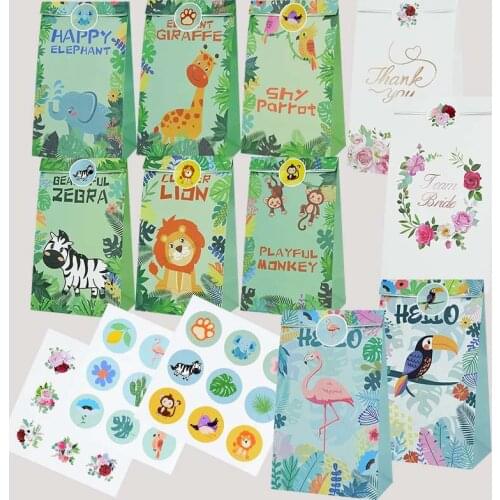 12-15pcs Gift Bags With Sticker Flamingo Thank You Jungle Theme Party Animal Candy Hawaii Birthday Party Decorations Baby Shower
