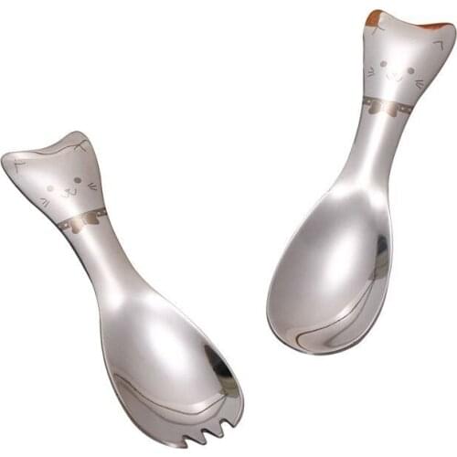 2pcs/set 304 Stainless Steel Children Cartoon Fork Spoon Tableware Set Creative Cat Style Cute Baby Eating Spoon Fork Tableware
