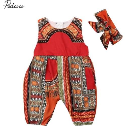 2019 Brand Infant Baby Girl Kids African Jumpsuit Clothes Headband Summer New Sleeveless Patchwork Toddler Playsuit Outfit 6M-5Y