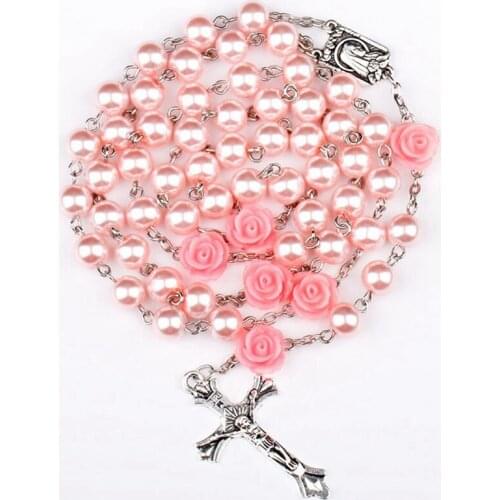 6mm Glass Imitation Pearl Bead Holy Rosaries Necklace With Rose Flower Silver Cross Lourdes Center Rosary
