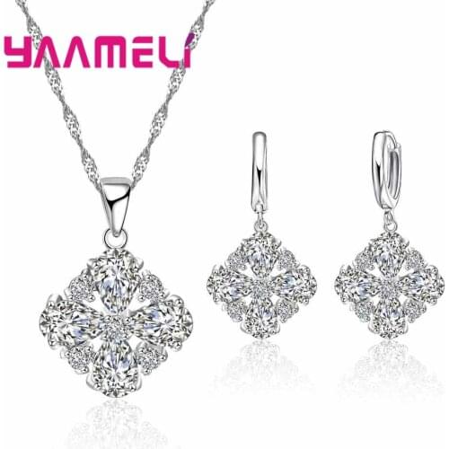 Sweet Women Wedding Jewelry Set 925 Sterling Silver Cubic Zircon Stone Pendant Necklace Hoop Earrings Party Accessories