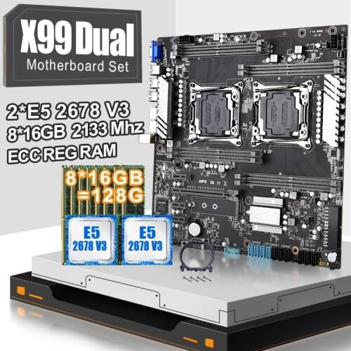 JINGSHA X99 Dual CPU Motherboard Set LGA 2011-3 With E5 2678V3 Processor And DDR4 8*16 ECC REG RAM 2133 MHz Support E5 V4 Series