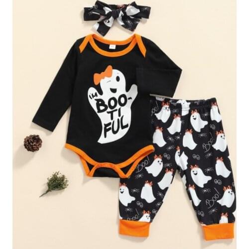 Baby Girls 3Pcs Halloween Outfits, Long Sleeve Ghost Letter Romper + Pants + Headband Set Spring Autumn