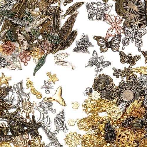 50g 100g Metal Flower Leaf Butterfly Keys Mixed Charms Pendants Bracelets Necklaces Accessories for Craft Jewelry Making DIY