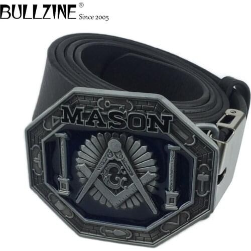 The Bullzine fashion mason belt buckle with pewter finish with PU belt with connecting clasp FP-02908