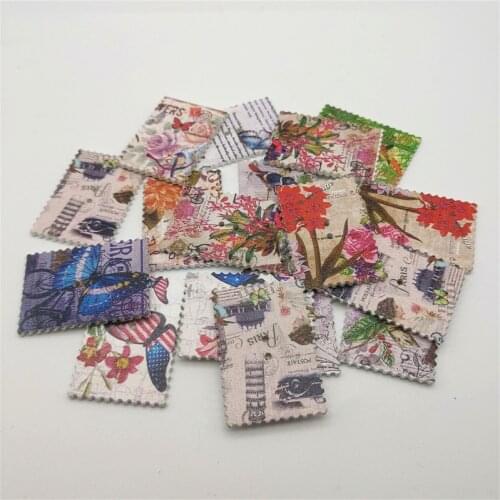50pcs Wood Rectangle Stamp Shaped Fancy Buttons 2 Holes Florals Butterfly Patterned Cardmaking Embellishments 40x28mm