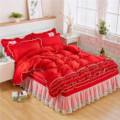 Romantic Princess Sanding Bedding Sets Aesthetic Lace Multicolor Optional Duvet Cover+Bed Skirt+Pillowcases Pleated Lace