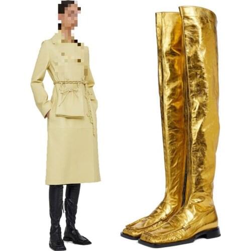 2021 Winter Over-the-knee Boots Fashion Show Womens Shoes Gold Cow Leather Flat Heel Square Toe Knight Boots Thigh Boot Botas