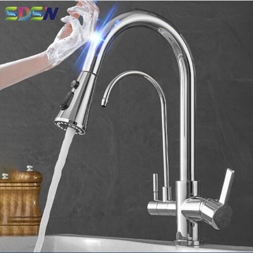 Sensor Touch Kitchen Faucets Three Ways Chrome Pull Out Filter Kitchen Mixer Faucets Cheap Chrome Touch Filter Kitchen Faucet
