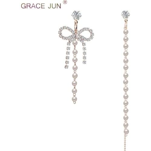 Korean Fashion Bow-knot Clip on Earrings for Women Fashion Long Chain Pearl Drop Pierced Earrings Luxury Jewelry Accessory Gift