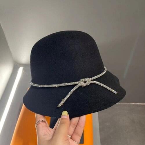 Fashion Wool Fedora Elegant Rhinestone Bowknot Fisherman Bucket Hat Wide Brim Basin Hat For Women Casual Winter Cape Black Hat