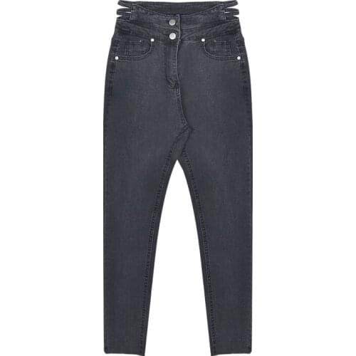 Vintage High Waist Skinny Denim Pencil Pants Womens Large Size Casual Stretch Jeans Female Elastic Smoky Gray Trousers