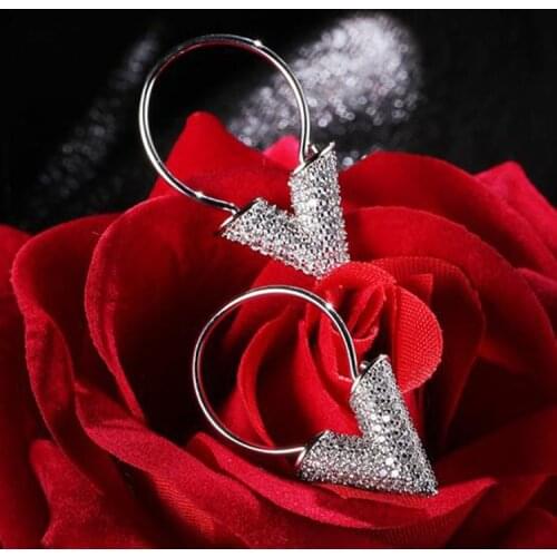 Top Quality New Fashion Mosaic AAA Zircon Crystal Triangle V Pendant Silver Hoop Earrings for Women Luxury Brand Jewelry
