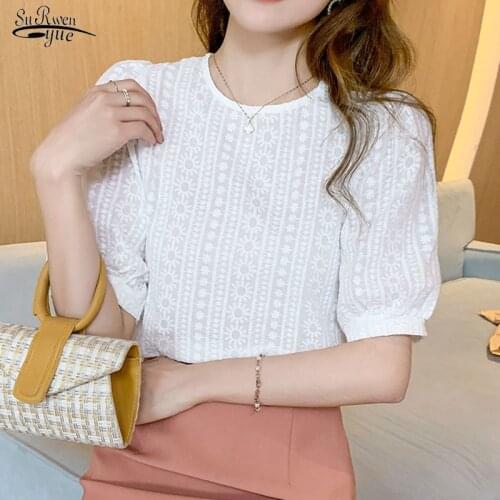 Summer New Womens 2021 Short Sleeve O Neck Casual White Tops Sweet Loose Lace Shirt Korean Embroidery Floral Blouse Women 15217