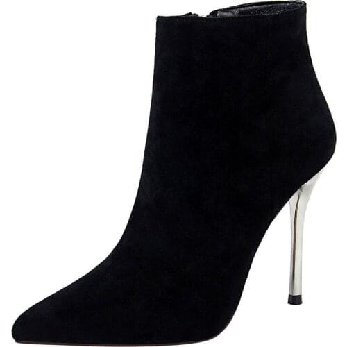 Womens Boots Flock Pointed Toe Boots 10.5cm Thin High Heels Fashion Zip Ankle Boots winter black Women Pumps