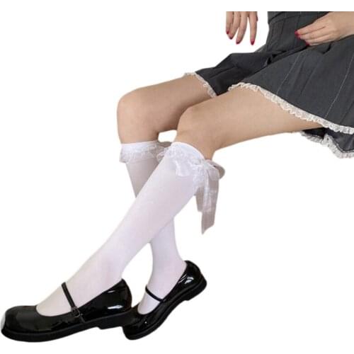 Women Harajuku Gothic Calf Socks Lolita Sweet Satin Long Ribbon Bowknot Kawaii Student Black White Knee High Stockings