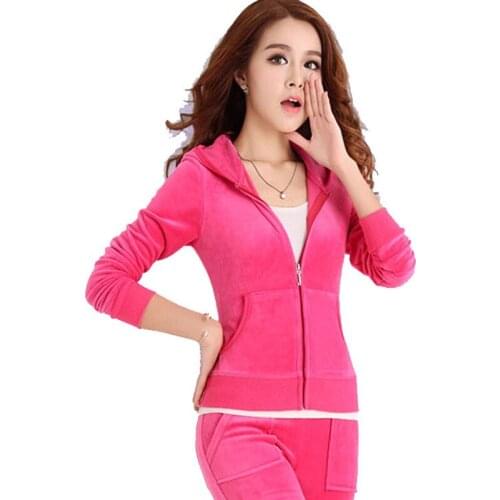 2021 Slim Velvet Tracksuit Women Hooded Zip Korean Casual Basic Two Piece Set Tops And Pants Soft Home Clothing Ensemble Femme