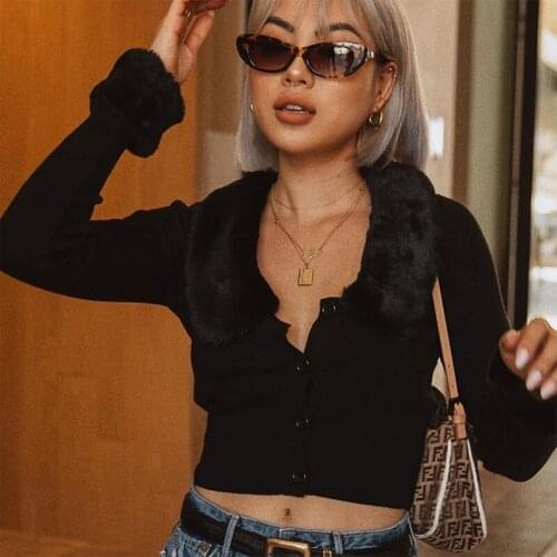 Knitted Women Short Cardigans Faux Fur Collar Crop Top Black Single Breasted Female Thin Sweater 2020 Spring Sexy Ladis Clothes