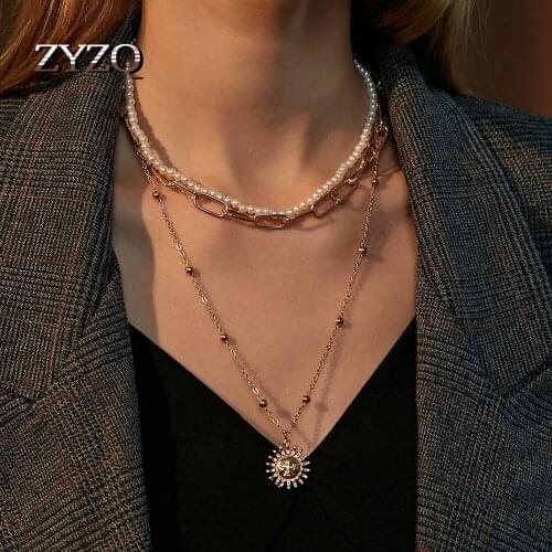 ZYZQ Vintage Multi Layer sun flower Pendant Necklace for Women Gold Color Tassel Choker Necklace Bohemian Choker Collier