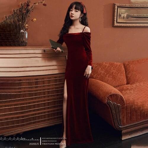 Boat Neck Simple Evening Dress Full Sleeves Burgundy Spaghetti Strap Floor-length Mermaid Plus size Women Formal Party Gown C569